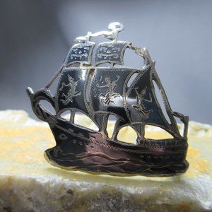Niello Frigate Brooch, Siamese Sterling Silver and Enamel